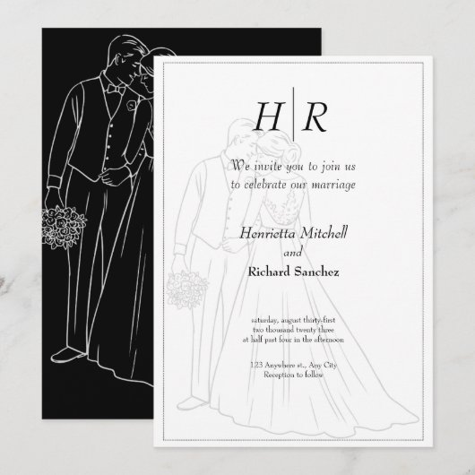 Wit Zwart Klassiek Monogram Elegant Schoon Trouwen Kaart (Voorkant / Achterkant)