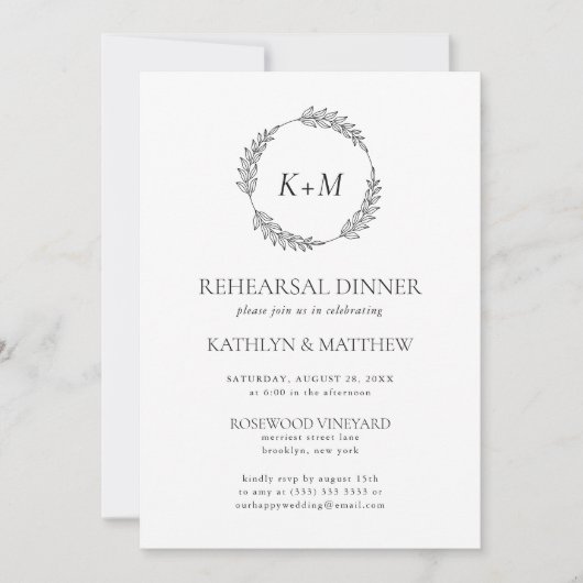 Wit Zwart Krans Monogram Repetitie Diner Kaart (Voorkant)