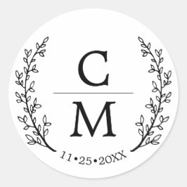 Wit Zwart Laurel takken Monogram bruiloft Ronde Sticker