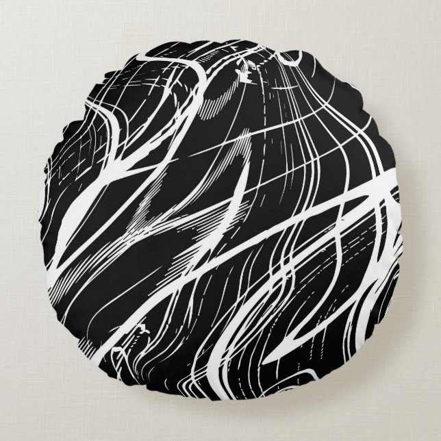 Wit Zwart Marmer: Abstract  Rond Kussen (Voorkant)