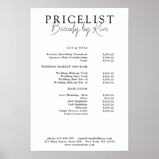 Wit & Zwart Minimaal Elegant, Salon Prijslijst Poster (Voorkant)