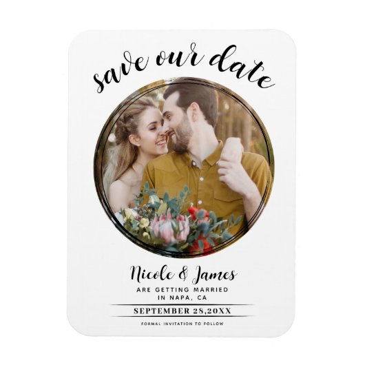 Wit & Zwart Modern Rond Foto Save the Date Magneet (Verticaal)