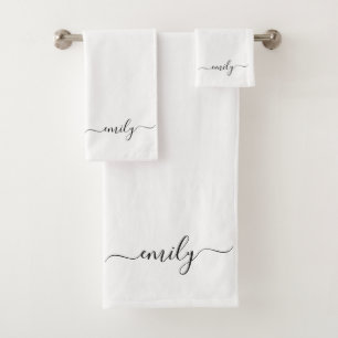 Wit Zwart Modern Script Monogram Naam Bad Handdoek