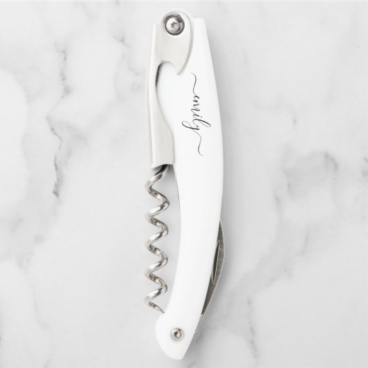 Wit Zwart Modern Script Monogram Naam Kurkentrekker (Voorkant)