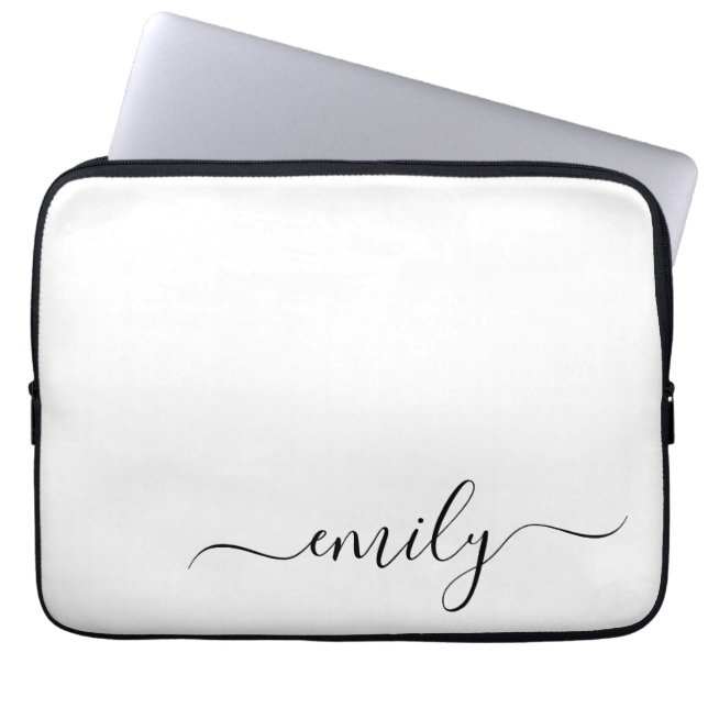 Wit Zwart Modern Script Monogram Naam Laptop Sleeve (Voorkant)