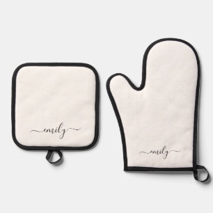 Wit Zwart Modern Script Monogram Naam Ovenwant & Pannenlap Set