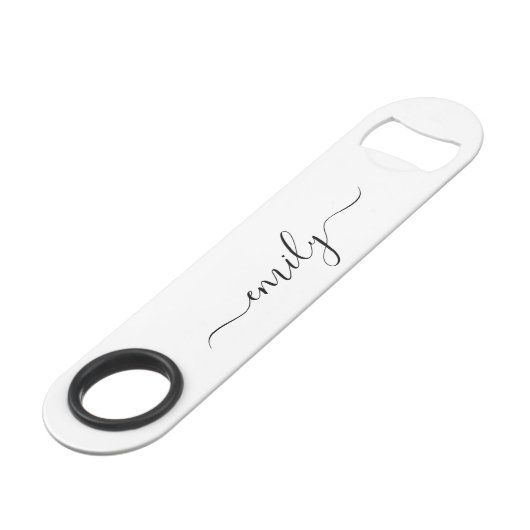 Wit Zwart Modern Script Monogram Naam Speed Flessenopener (Voorkant Gekanteld)