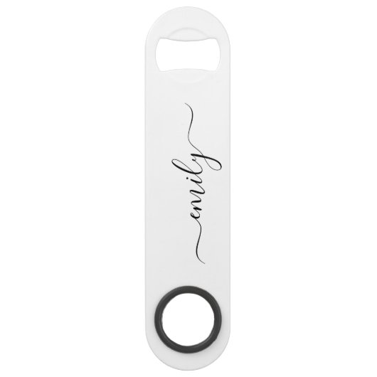 Wit Zwart Modern Script Monogram Naam Speed Flessenopener (Achterkant)
