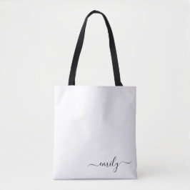 Wit Zwart Modern Script Monogram Naam Tote Bag