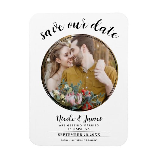 Wit & Zwart Moderne Ronde Foto Sla de Datum op Magneet (Verticaal)