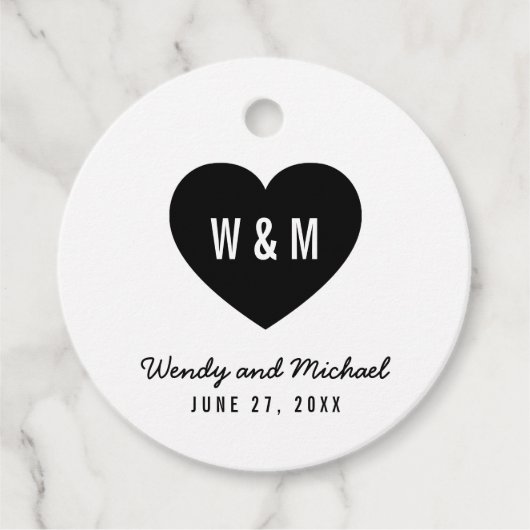 Wit & Zwart Monogram Hart Trouwfeest Bedankjes Labels (Voorkant)