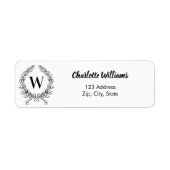 Wit zwart monogram initiaal krans retouradres etiket (Voorkant)