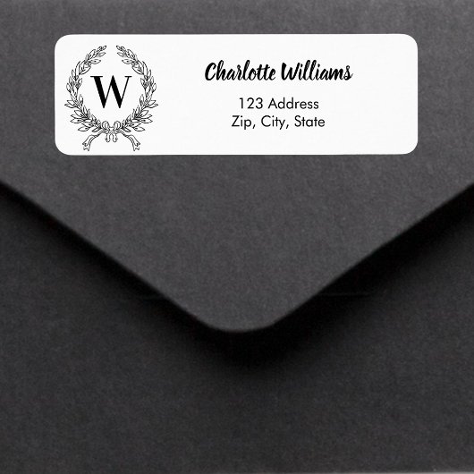 Wit zwart monogram initiaal krans retouradres etiket