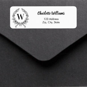 Wit zwart monogram initialen krans retouradres etiket