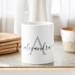 Wit Zwart Naam Initiaal Monogram Elegant Script Koffiemok<br><div class="desc">Zwart-wit Elegant Monogram Hand Lettered Script Name en Initiaal Coffee Mok. De mok is het perfecte cadeau voor iemand die houdt van moderne en stijlvolle chique kleuren voor een verjaardags-,  bruiloft-,  kerstvakantie-,  vrijgezellenfeest- of speciale gelegenheidscadeau. Neem contact op met de ontwerper voor overeenkomende items.</div>