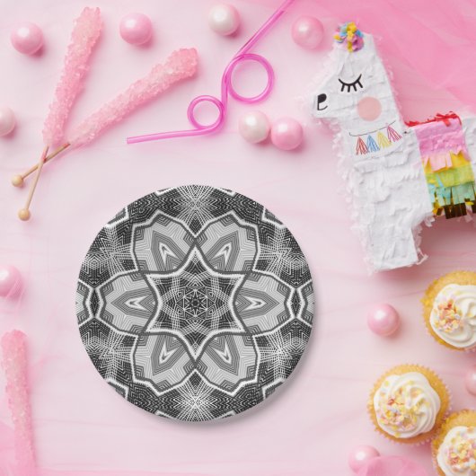 Wit-zwart openwerk geometrisch patroon papieren bordje (Feest)