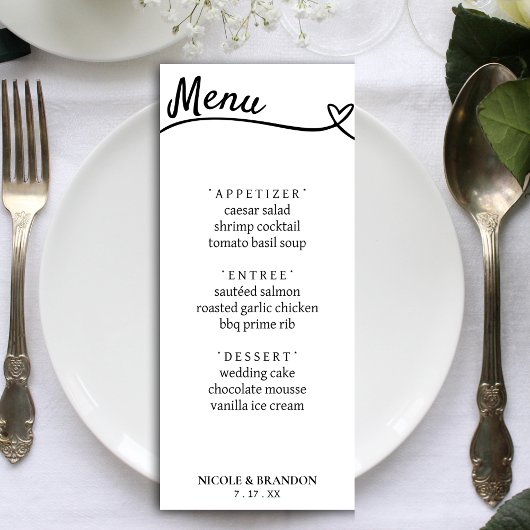 Wit & Zwart Paar Hart Bruiloft Receptie Menu