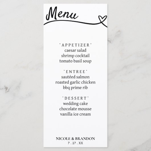 Wit & Zwart Paar Hart Bruiloft Receptie Menu (Voorkant)
