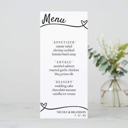 Wit & Zwart Paar Hart Trouwreceptie Menu (Staand voorkant)