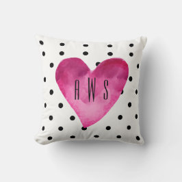 Wit + Zwart polka stippen Waterverf Hart Monogram Kussen