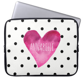 WIT + Zwart polka stippen Waterverf Hart Monogram Laptop Sleeve