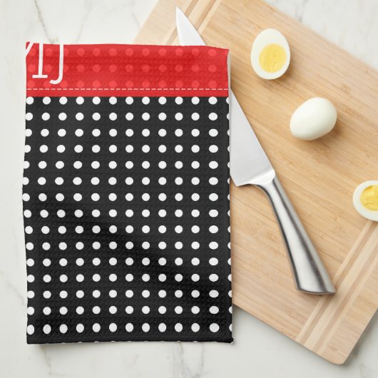 Wit & Zwart Polkadot Patroon-Monogram Theedoek (Quarter Fold)