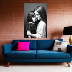 Wit Zwart portret Moeder en dochter   AI Art Poster