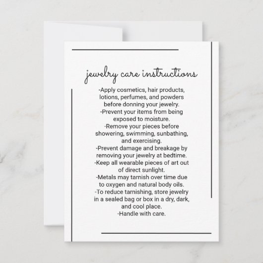 Wit Zwart Rand Logo Sieraden Care Instructie Notitiekaartje (Voorkant)