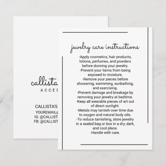 Wit Zwart Rand Script Sieraden Care Instructie Notitiekaartje (Voorkant / Achterkant)