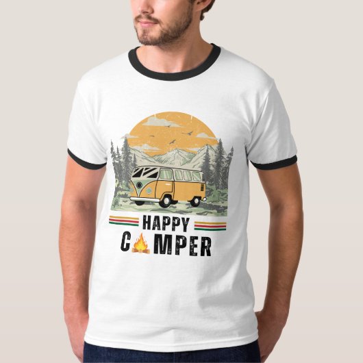 Wit Zwart Retro Adventure Camper Natuur T-shirt (Voorkant)