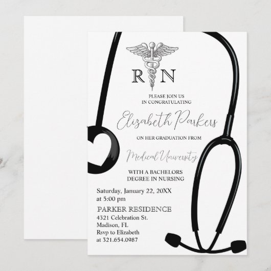 Wit Zwart RN Verpleegschool Afstudeerfeest Kaart (Voorkant / Achterkant)