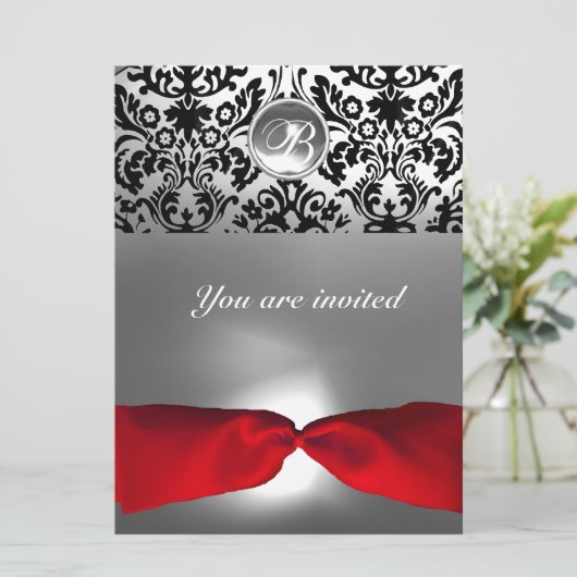 WIT ZWART RODE LINTEN DAMAST EDELSTEEN MONOGRAM r Kaart (Staand voorkant)