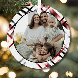 Wit Zwart Rood Geruit Familiefoto Metalen Ornament
