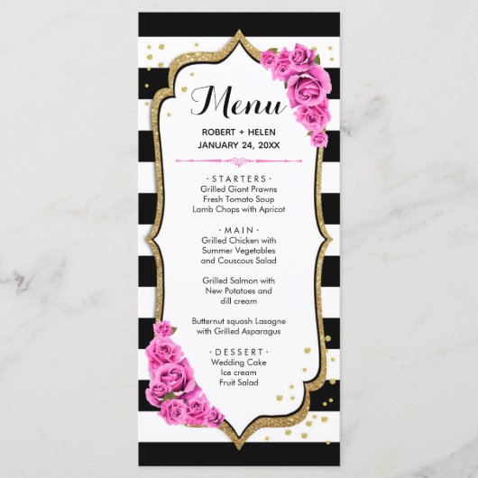 Wit Zwart Roze Goud Menu Kaart (Voorkant)