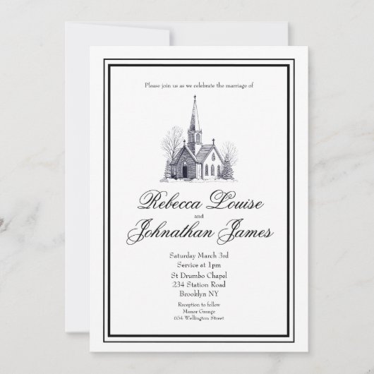 Wit Zwart Script Kerk Kapel Elegante Trouwdag Kaart (Voorkant)