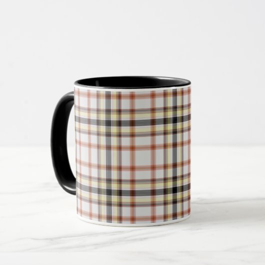 Wit Zwart Sinaasappel Geel Tartan Plaid Mok (Voorkant links)