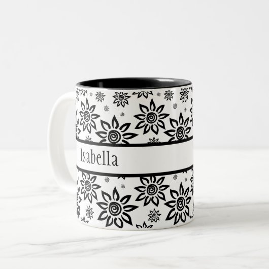 Wit & Zwart Sunshiney Grafisch Bloemen Patroon Tweekleurige Koffiemok (Voorkant links)