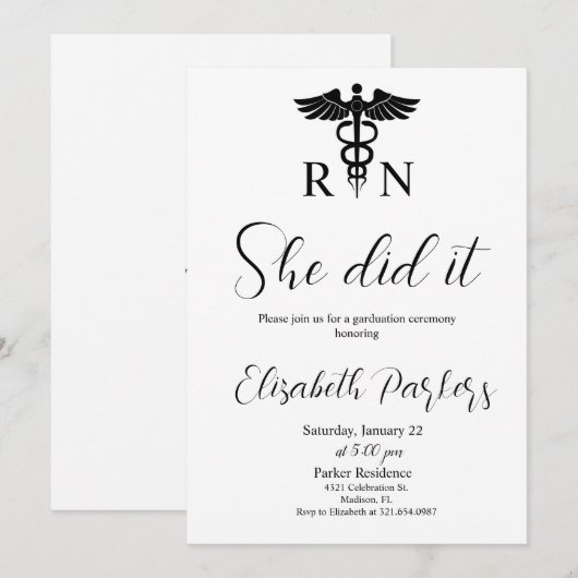 Wit Zwart Verpleegkundig Afstudeerfeest Kaart (Voorkant / Achterkant)