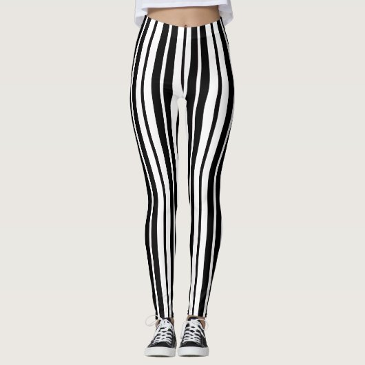 Wit Zwart Verticaal Streepjespatroonontwerp Leggings (Voorkant)