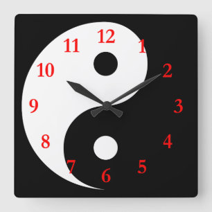 Wit/Zwart Yin Yang-symbool met rode cijfers Vierkante Klok