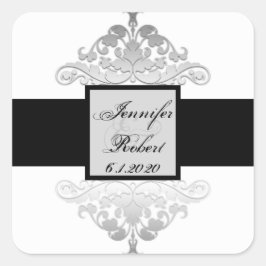 Wit Zwart Zilver Damast Bruiloft Envelope Seal Vierkante Sticker