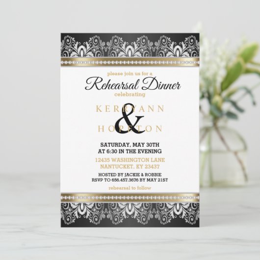 Wit, zwart, zilver en goud - repetitief diner kaart (Staand voorkant)