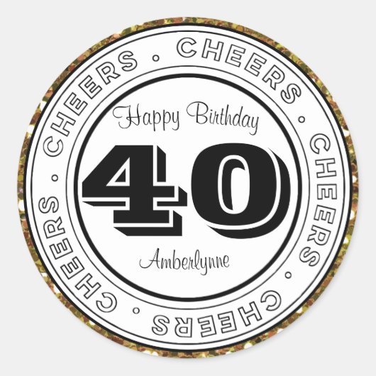 Wit Zwart Zilver Glitter 40e Verjaardag Ronde Sticker (Voorkant)