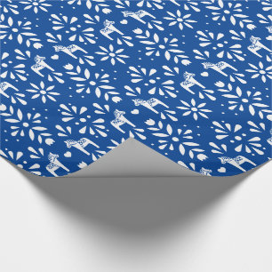 Wit Zweeds Dala Paard Blauw Vakantie Geschenk Wrap Cadeaupapier