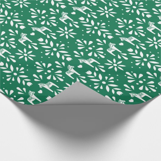 Wit Zweeds Dala Paard Groen Vakantie Geschenk Wrap Cadeaupapier (Hoek)