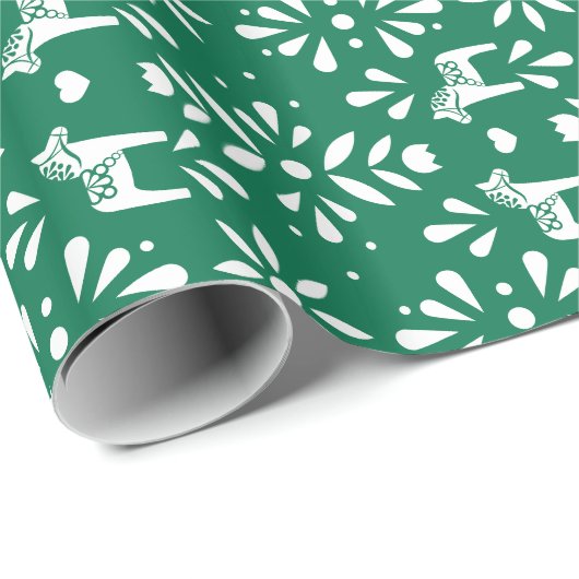 Wit Zweeds Dala Paard Groen Vakantie Geschenk Wrap Cadeaupapier (Rol Hoek)