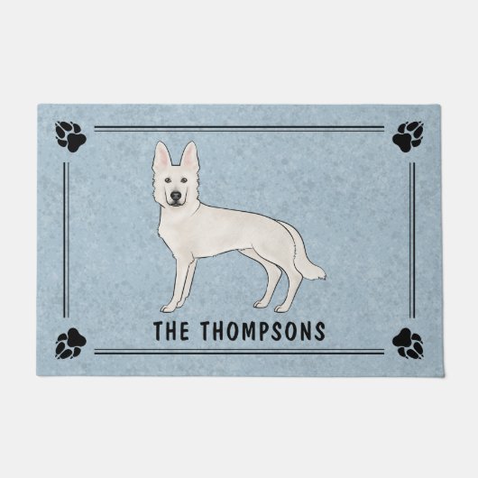 Wit Zwitsers Herder Wit GSD Cartoon Hond Blauw Deurmat (Voorkant)