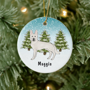 Wit Zwitsers Herder Wit GSD Hond Winterbos Keramisch Ornament