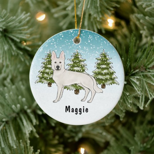 Wit Zwitsers Herder Wit GSD Hond Winterbos Keramisch Ornament (Boom)
