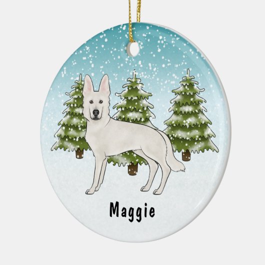 Wit Zwitsers Herder Wit GSD Hond Winterbos Keramisch Ornament (Links)